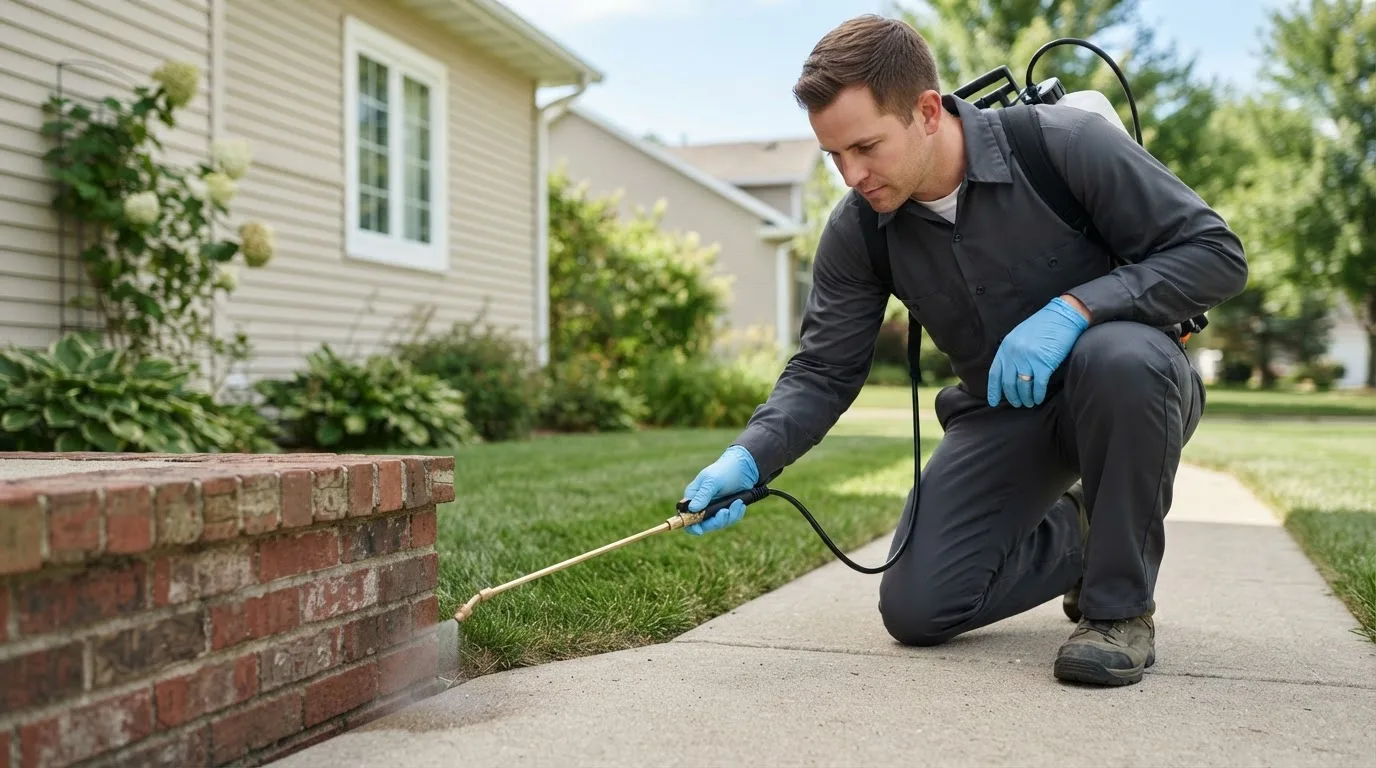 Pest control technician treating a home near Ferrisburgh, VT